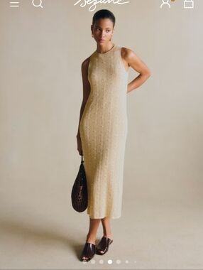 Sézane Wilma Dress Cream Pointelle Knit Midi Sleeveless Cotton Crochet S